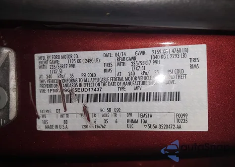 2014 Ford Escape Se z USA, uszkodzony, nr VIN 1FMCU9GX5EUD17437